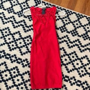 Red Bebe Bodycon dress crochet accents & open back